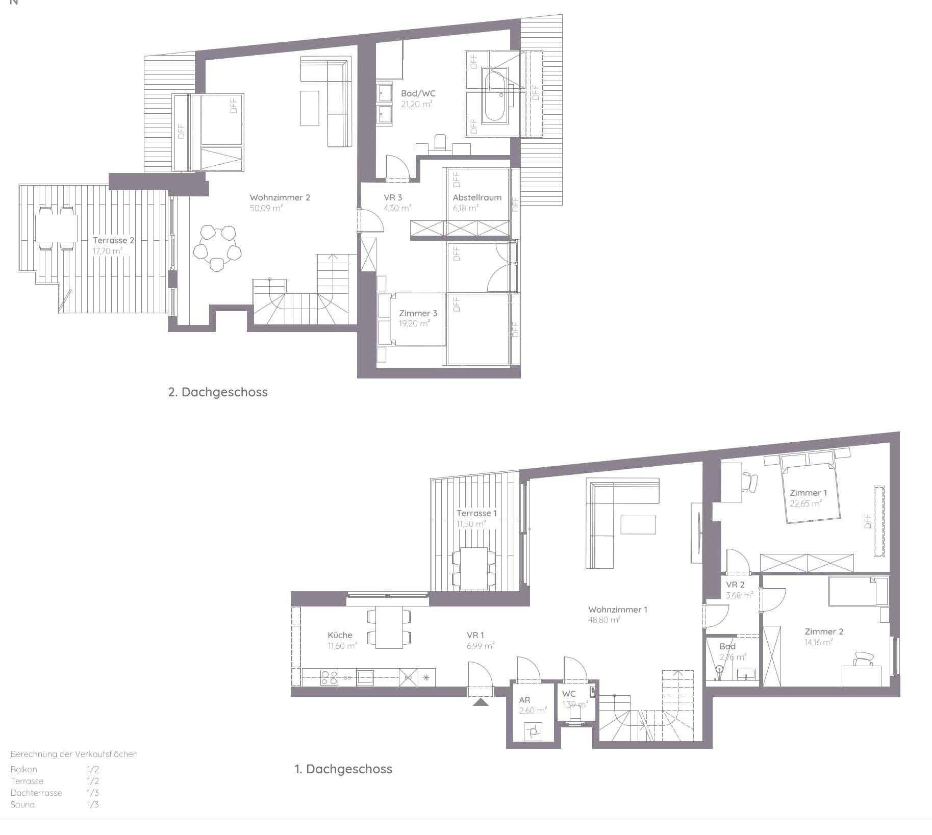 Grundriss des Dachgeschosses mit zwei Ebenen, Terrassen und mehreren Zimmern.