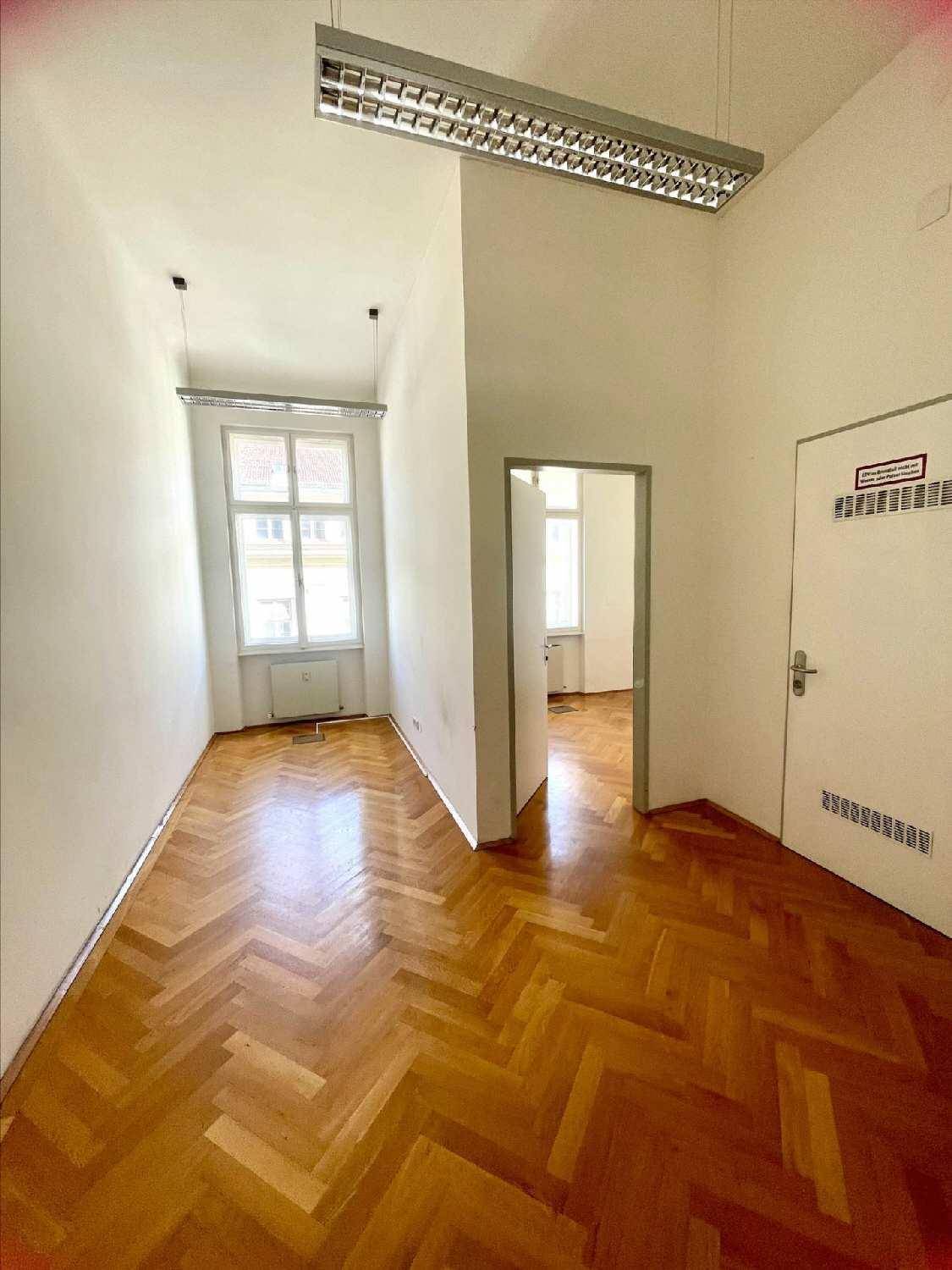 Schmaler Flur oder kleiner Bürobereich mit Fischgrätparkett, Fenster und Zugang zu weiteren Räumen.