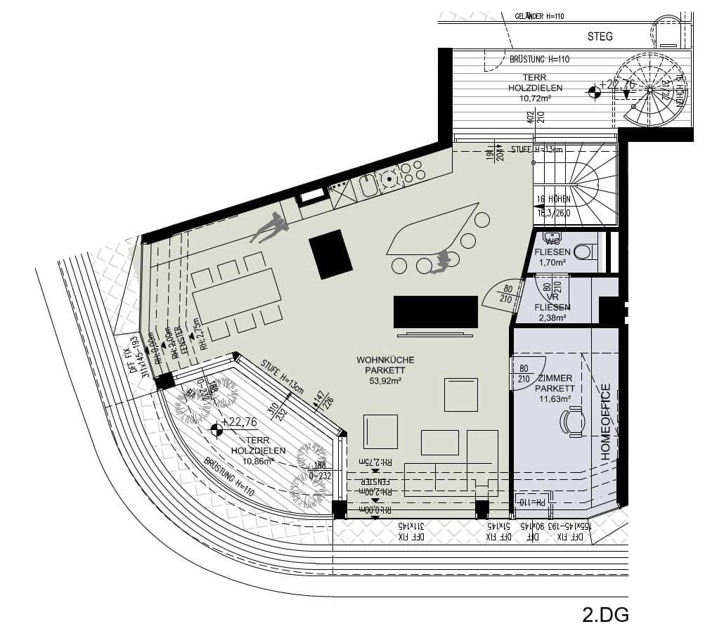 Grundriss des zweiten Dachgeschosses mit offenem Wohnbereich, Homeoffice und großer Terrasse.