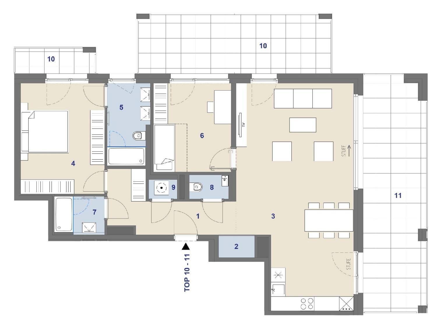 Detaillierter Grundriss einer Wohnung mit mehreren Zimmern, zwei Bädern und großem Außenbereich.
