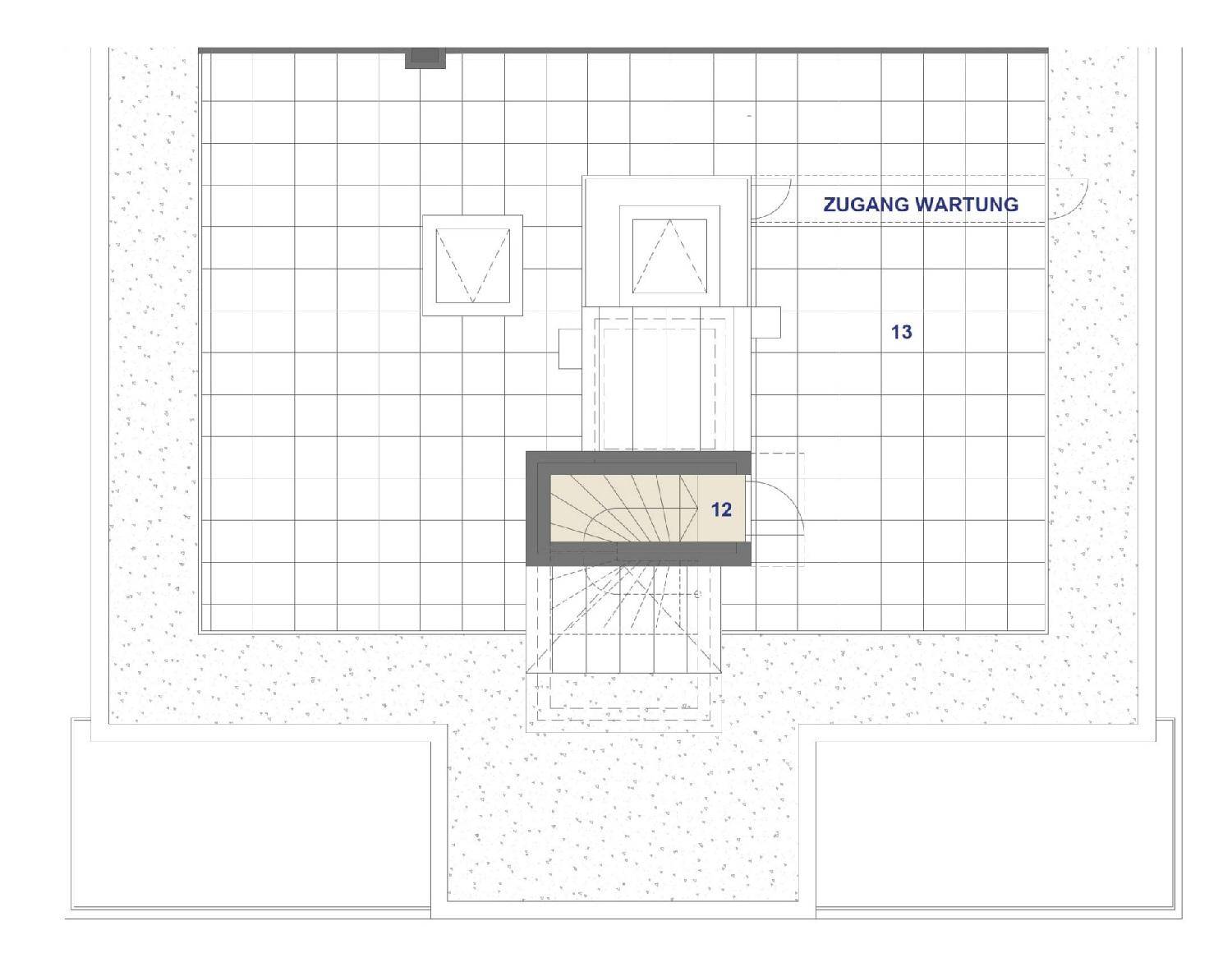 Grundriss der oberen Ebene mit Dachterrasse und Zugang zur Wartung, zeigt die Dachstruktur.