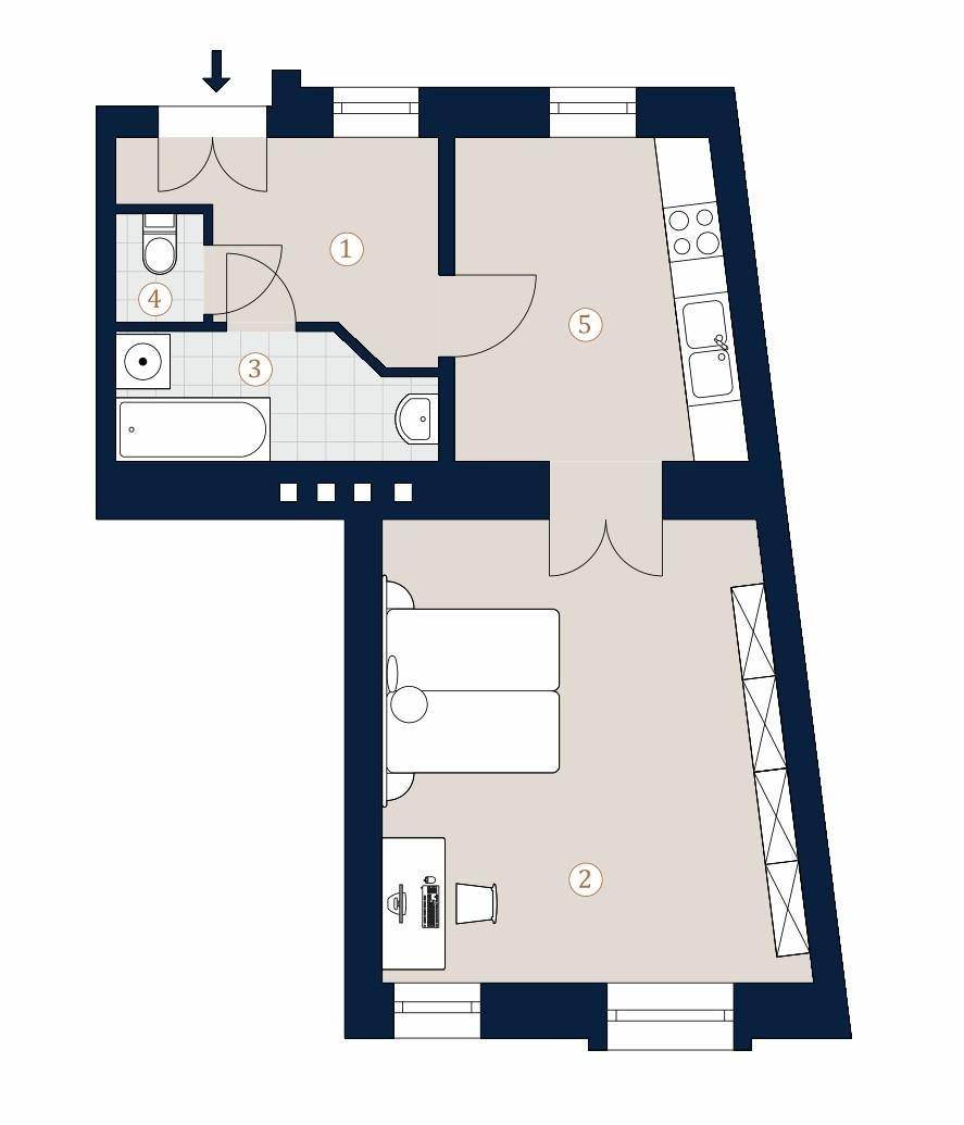 Grundriss einer Wohnung mit offenem Wohn- und Küchenbereich, separatem Schlafzimmer und Badezimmer mit Badewanne sowie einem Gäste-WC.