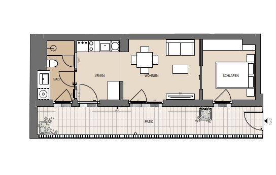 Grundriss einer Wohnung mit offenem Wohnbereich, Schlafzimmer und großem Patio.