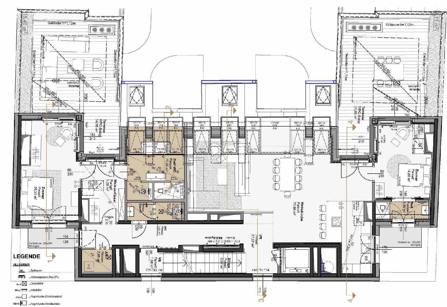Detaillierter Grundriss einer Wohnung mit mehreren Zimmern und Terrassenbereichen.