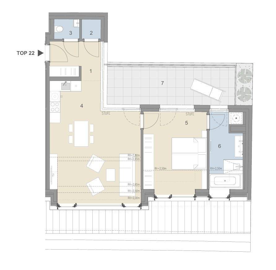 Grundriss der Wohnung Top 22 mit offenem Wohnbereich, Schlafzimmer und großer Terrasse.