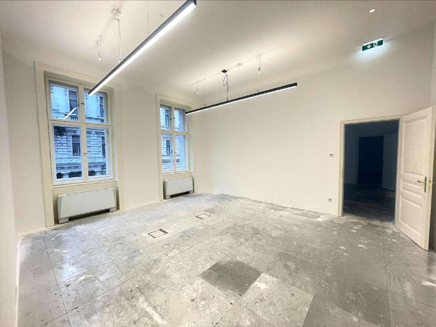 Heller, unmöblierter Büroraum mit großen Fenstern und Betonboden, ausgestattet mit modernen Deckenleuchten.