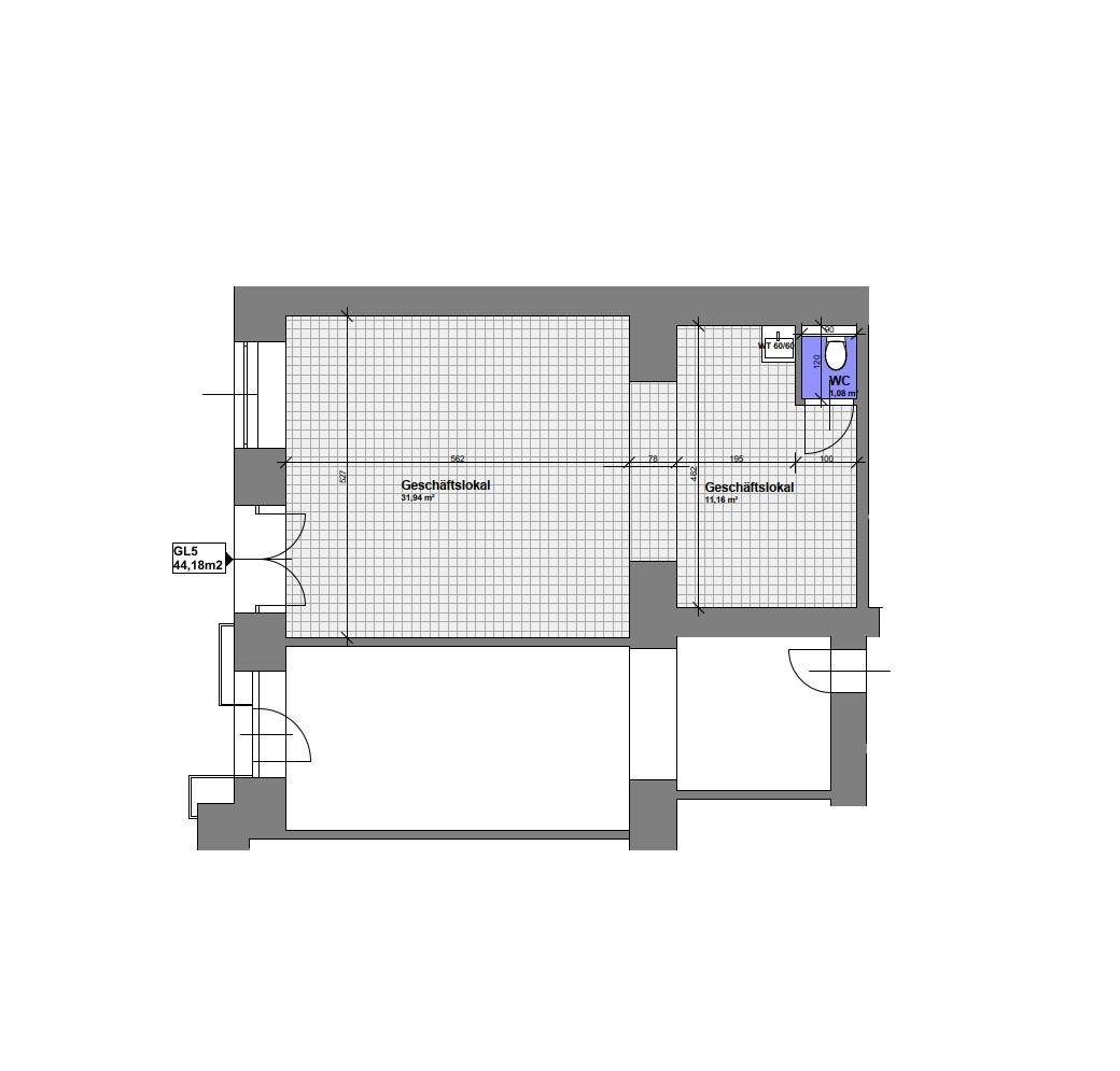Grundrissplan zeigt zwei Geschäftslokale und ein separates WC mit Flächenangaben in Quadratmetern.