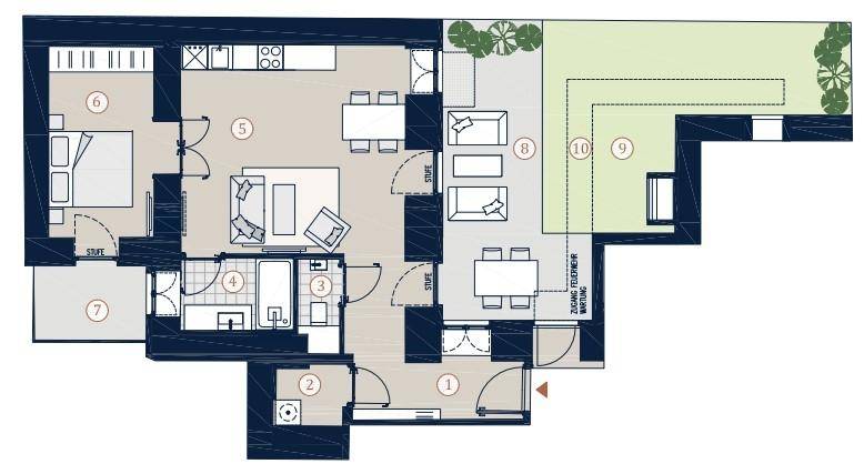 Grundriss einer modernen Wohnung mit offenem Wohnbereich, Schlafzimmer, Bad, separatem WC, großer Terrasse und Garten.