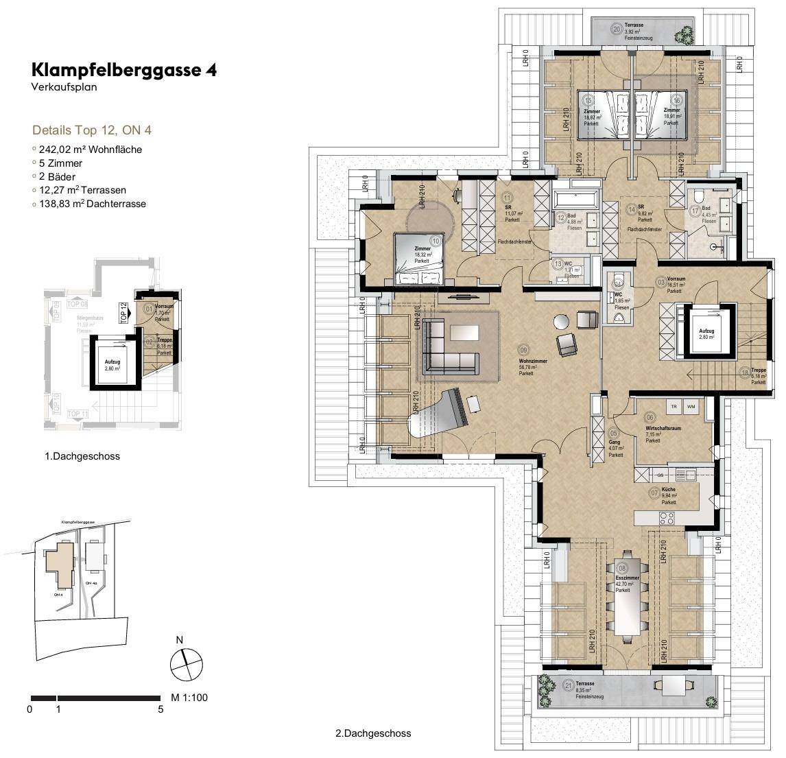 Verkaufsplan des Dachgeschosses mit Details zu Wohnfläche, Zimmern und Terrassen.