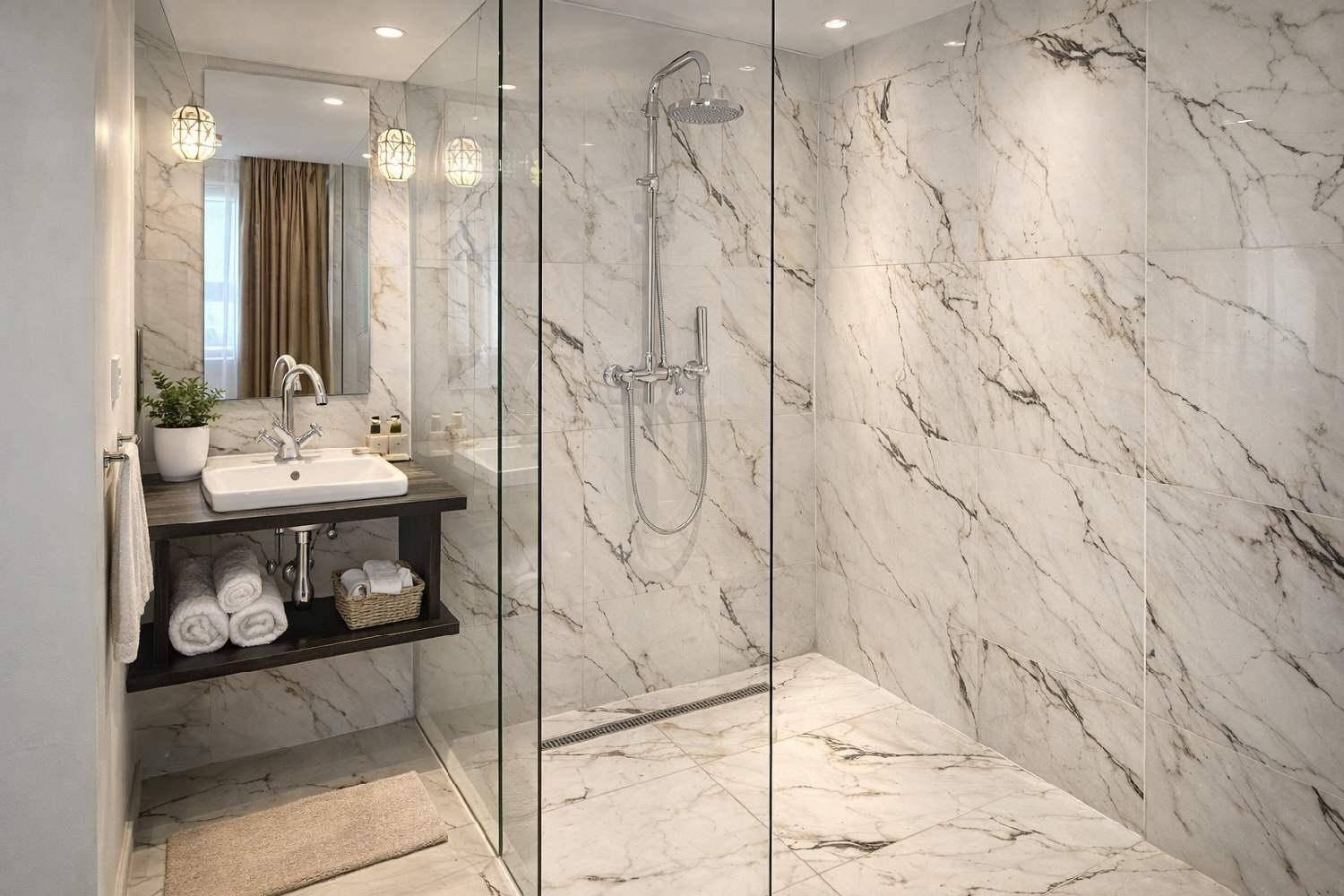 Luxuriöses Badezimmer mit Marmorfliesen, begehbarer Dusche und modernem Waschbecken.