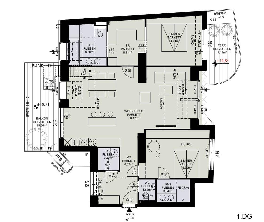 Detaillierter Grundriss einer Wohnung mit offener Wohnküche, zwei Bädern und großem Balkon.