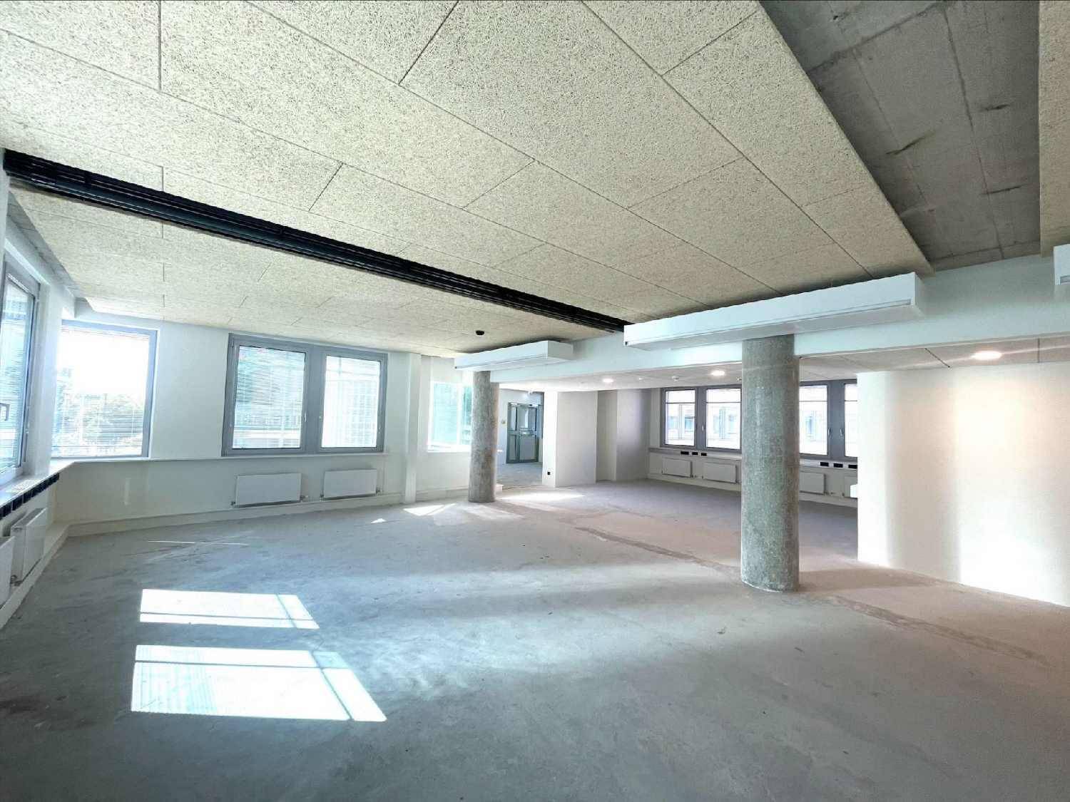 Eckbereich eines hellen Büroraums mit Fenstern an zwei Seiten, Betonboden und Akustikdecke, ideal für Tageslicht.