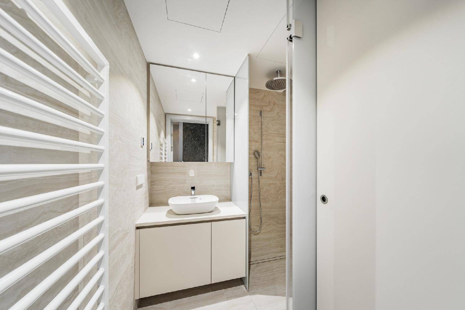 Modernes Badezimmer mit begehbarer Dusche, Einzelwaschbecken und beheiztem Handtuchhalter.