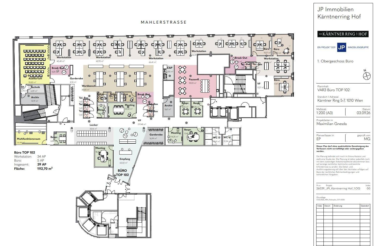 Detaillierter Grundriss des ersten Obergeschosses mit zahlreichen Workstations, Besprechungsräumen und Break-out-Zonen.