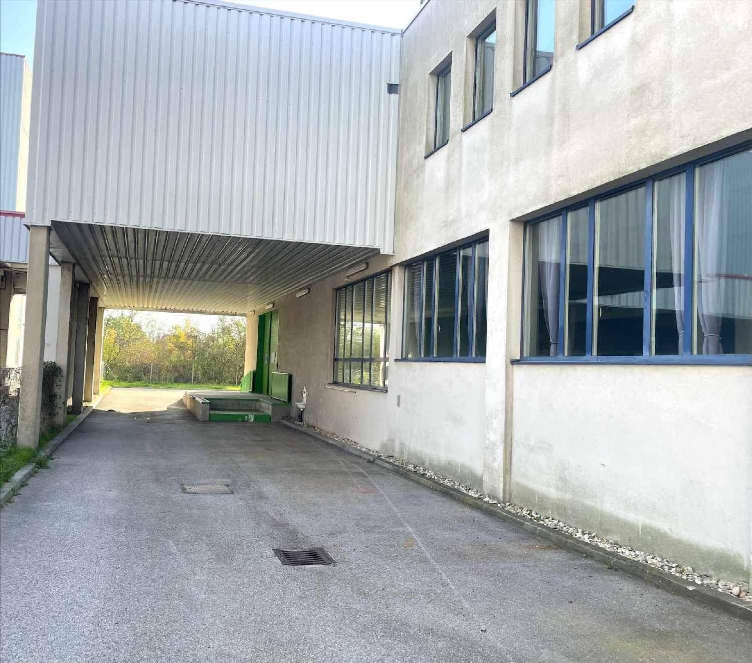 Außenbereich des Gebäudes mit Zufahrt, Laderampe und großen Fenstern.