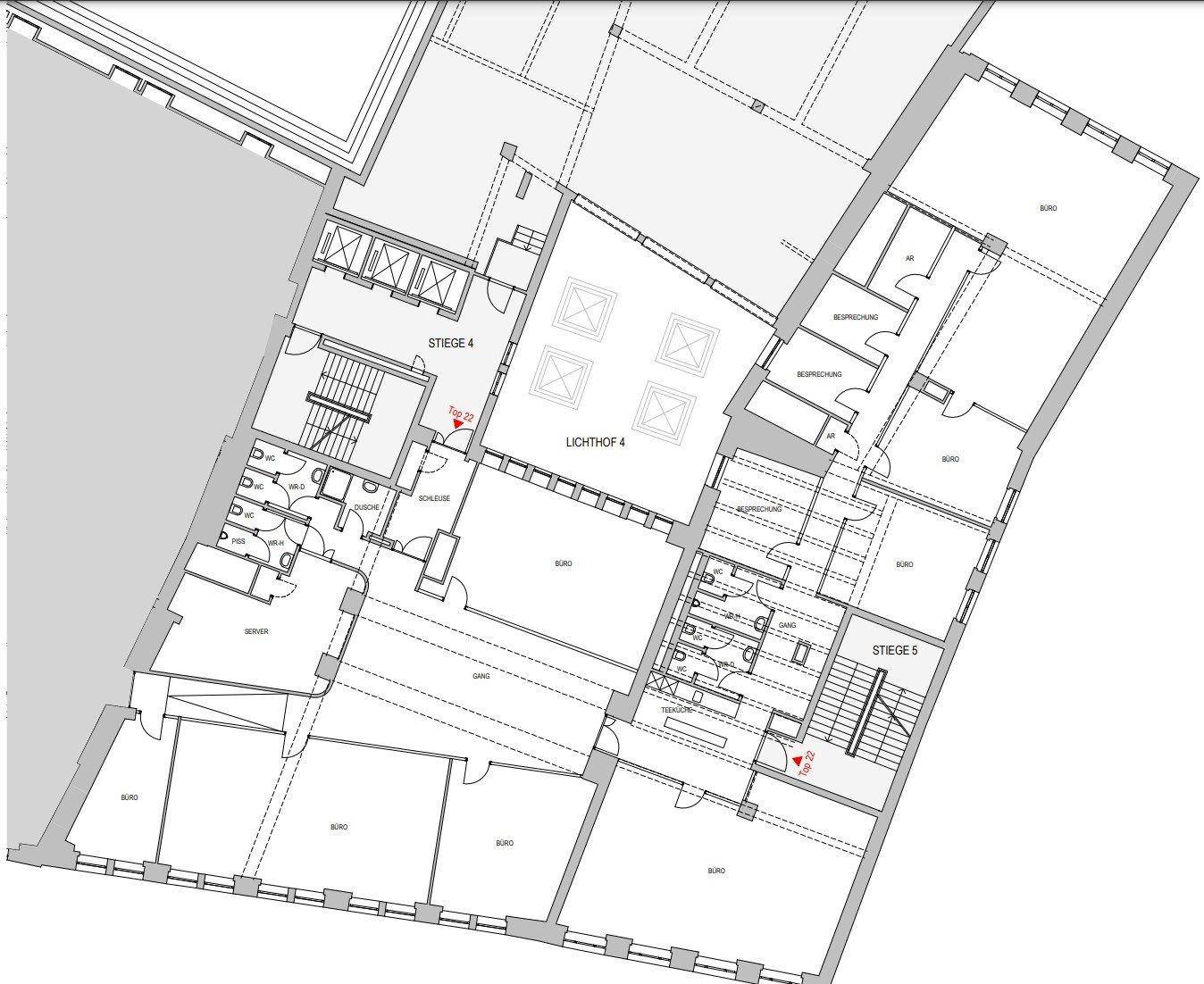 Detaillierter Grundriss einer Büroetage mit mehreren Büros, Besprechungsräumen und Lichthöfen.