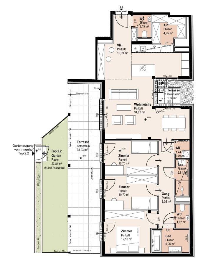 Übersichtlicher Grundriss mit offener Wohnküche, drei Schlafzimmern, zwei Bädern, separaten WCs, Terrasse und Garten.