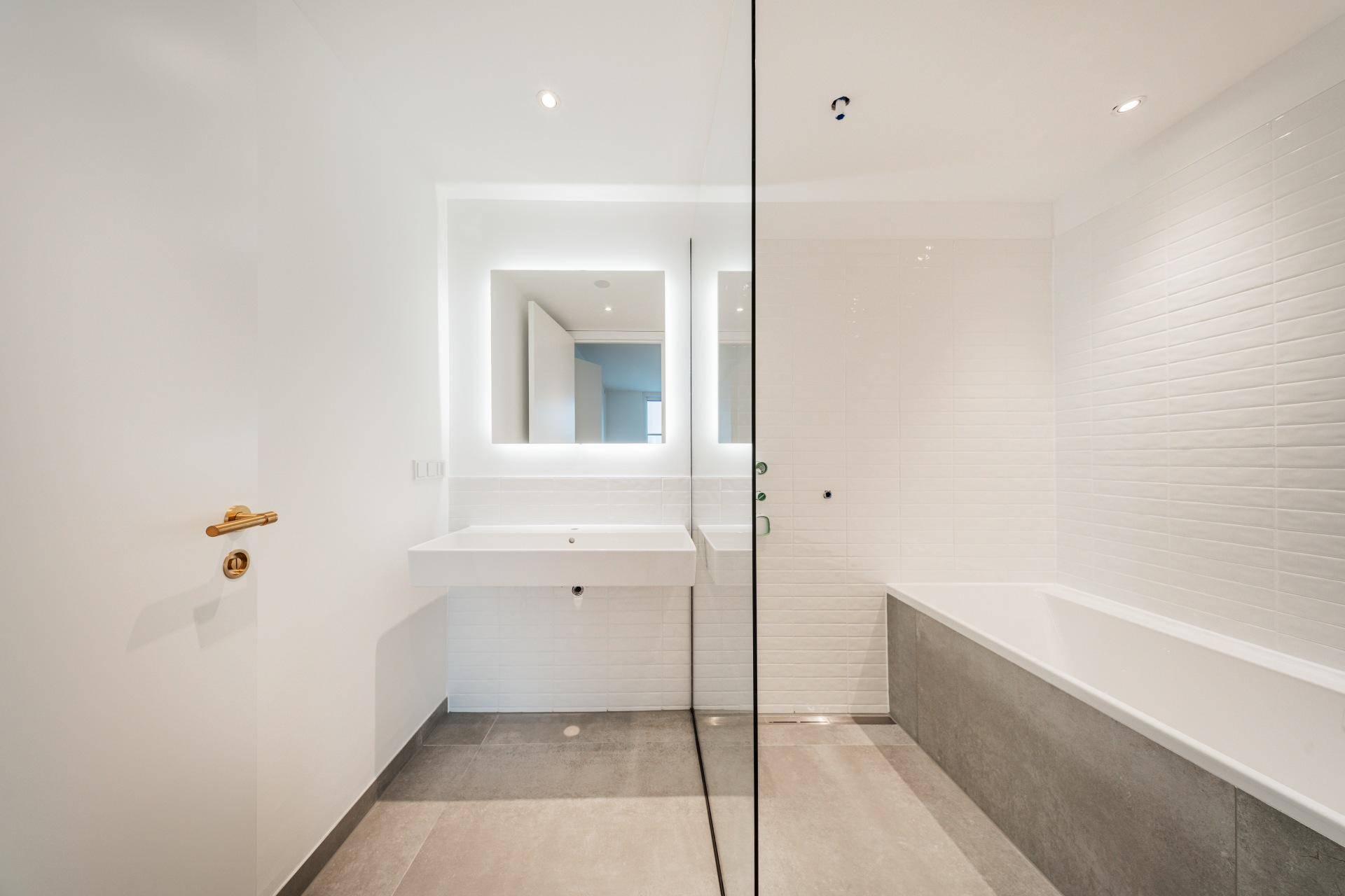Modernes Badezimmer mit Badewanne, Einzelwaschbecken und großer, begehbarer Glasdusche.