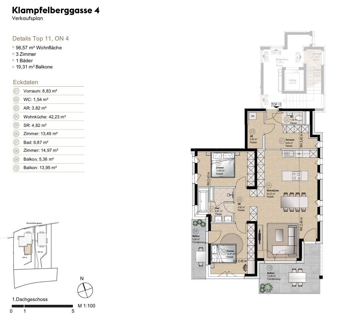 Verkaufsplan der Wohnung TOP 11 mit Raumaufteilung und Flächenangaben.