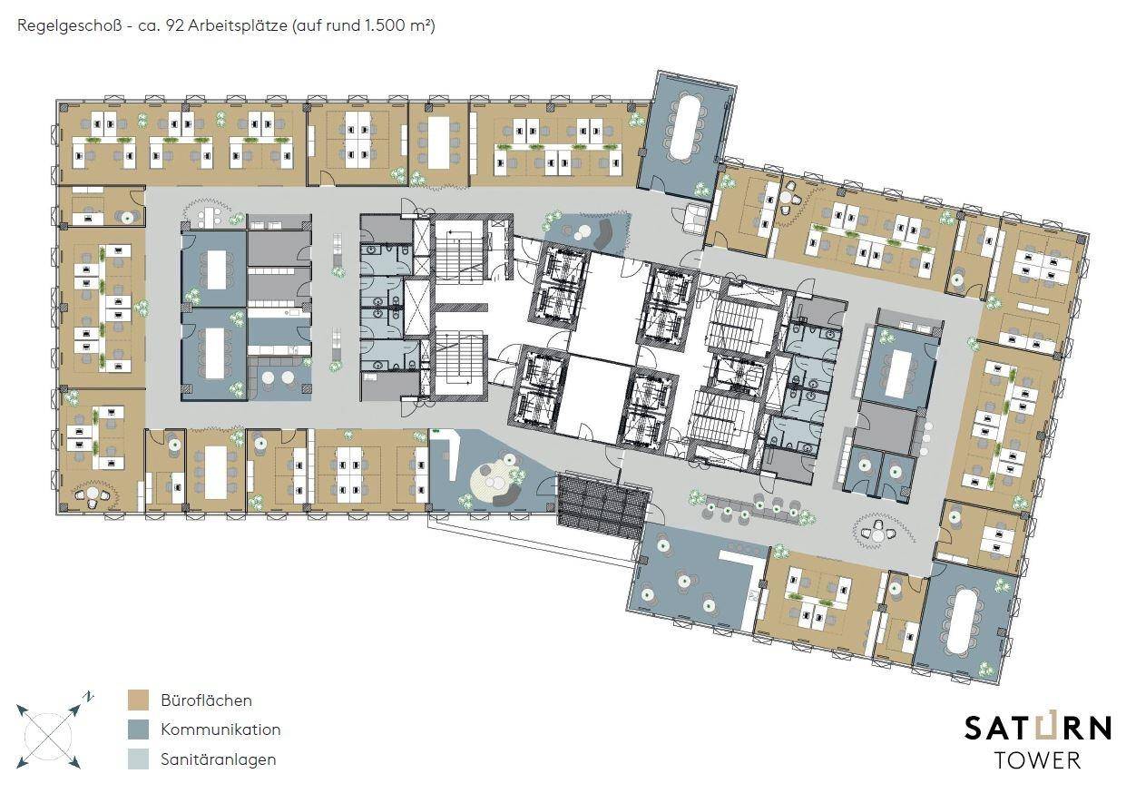 Farbiger Grundriss eines Regelgeschosses mit Büros, Kommunikationszonen und Sanitärbereichen.