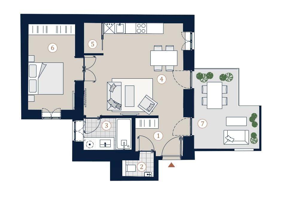 Grundriss einer Wohnung mit offenem Wohnbereich, Schlafzimmer, Bad und großer Terrasse.