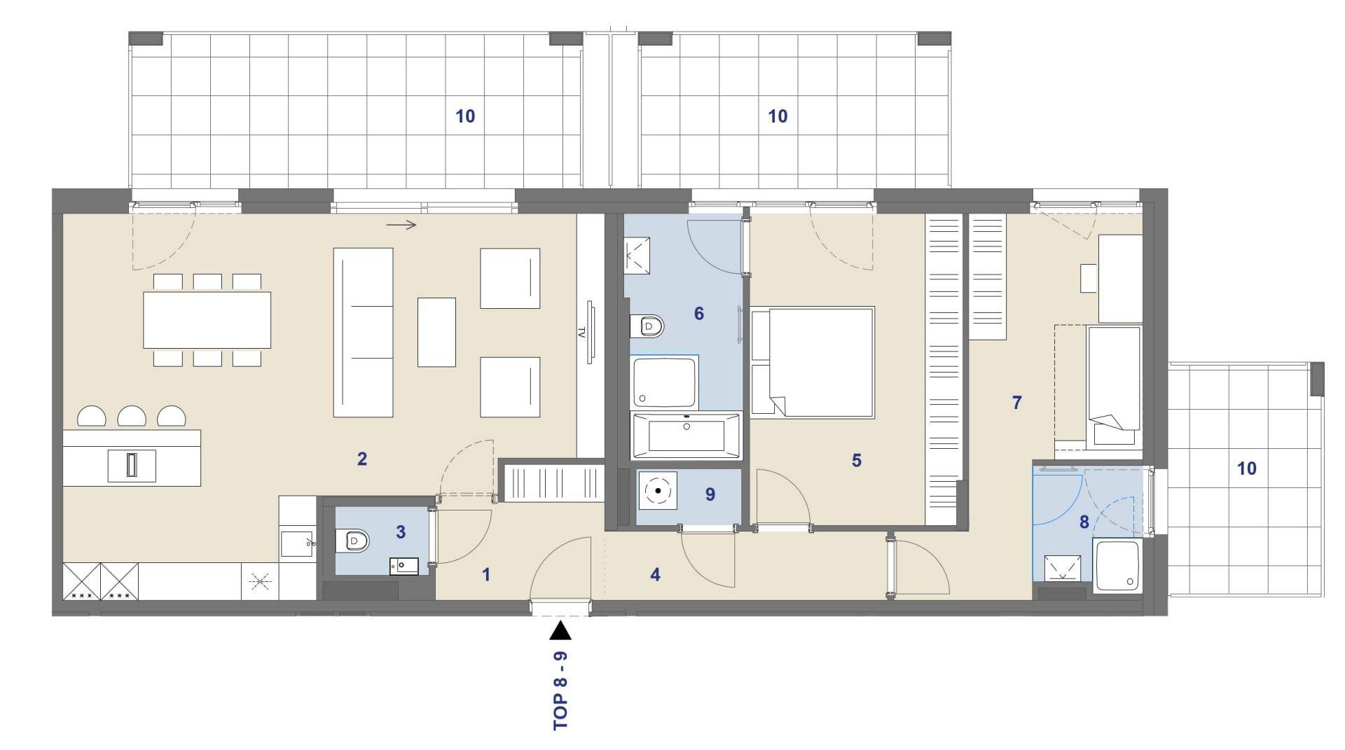 Grundriss einer Wohnung mit offenem Wohnbereich, zwei Bädern und mehreren Terrassen.