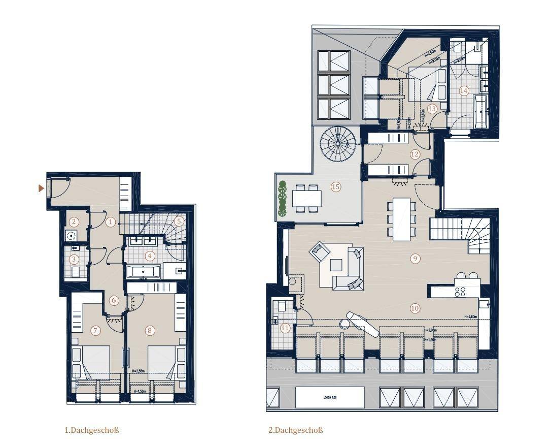 Grundrisspläne zeigen zwei Dachgeschossebenen mit offenem Wohnbereich, mehreren Schlafzimmern und einer großen Terrasse.