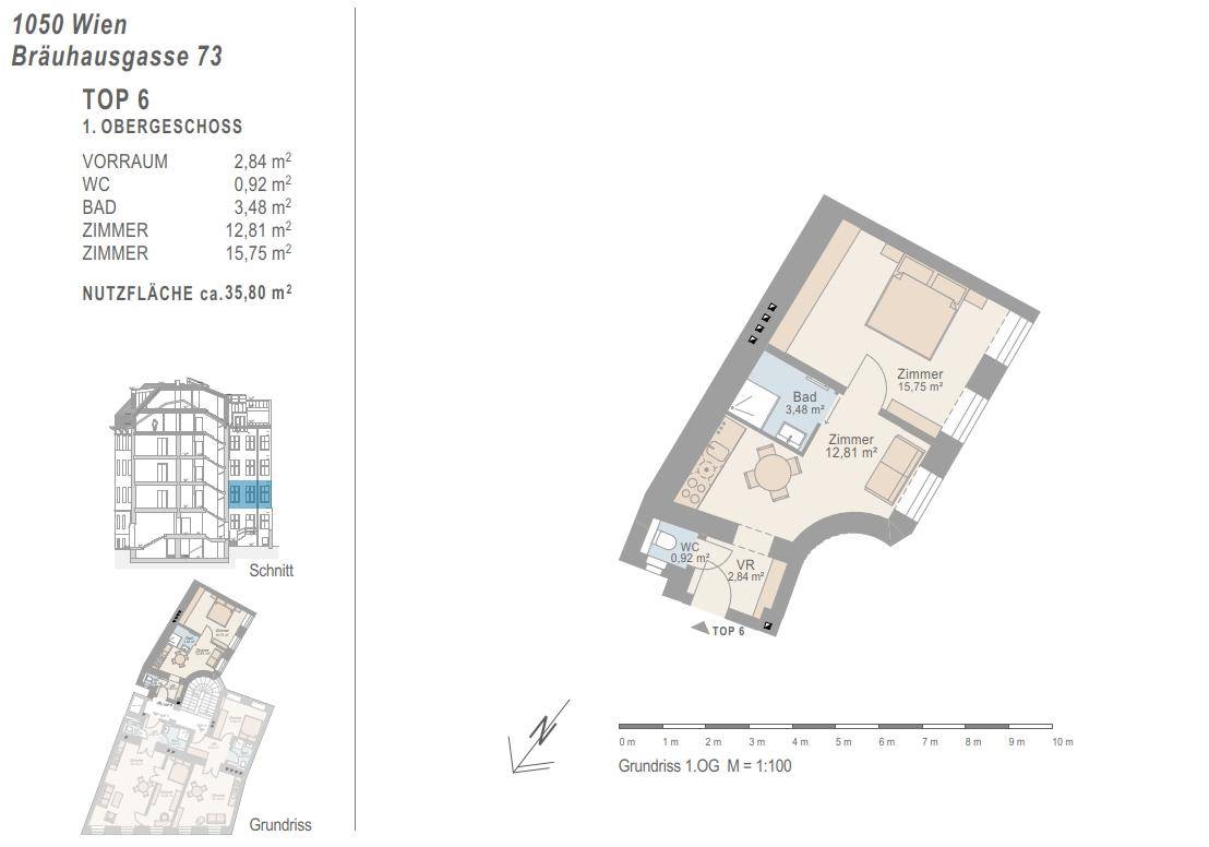 Grundriss der Wohnung Top 6 im ersten Obergeschoss mit Zimmern, Bad und separatem WC.