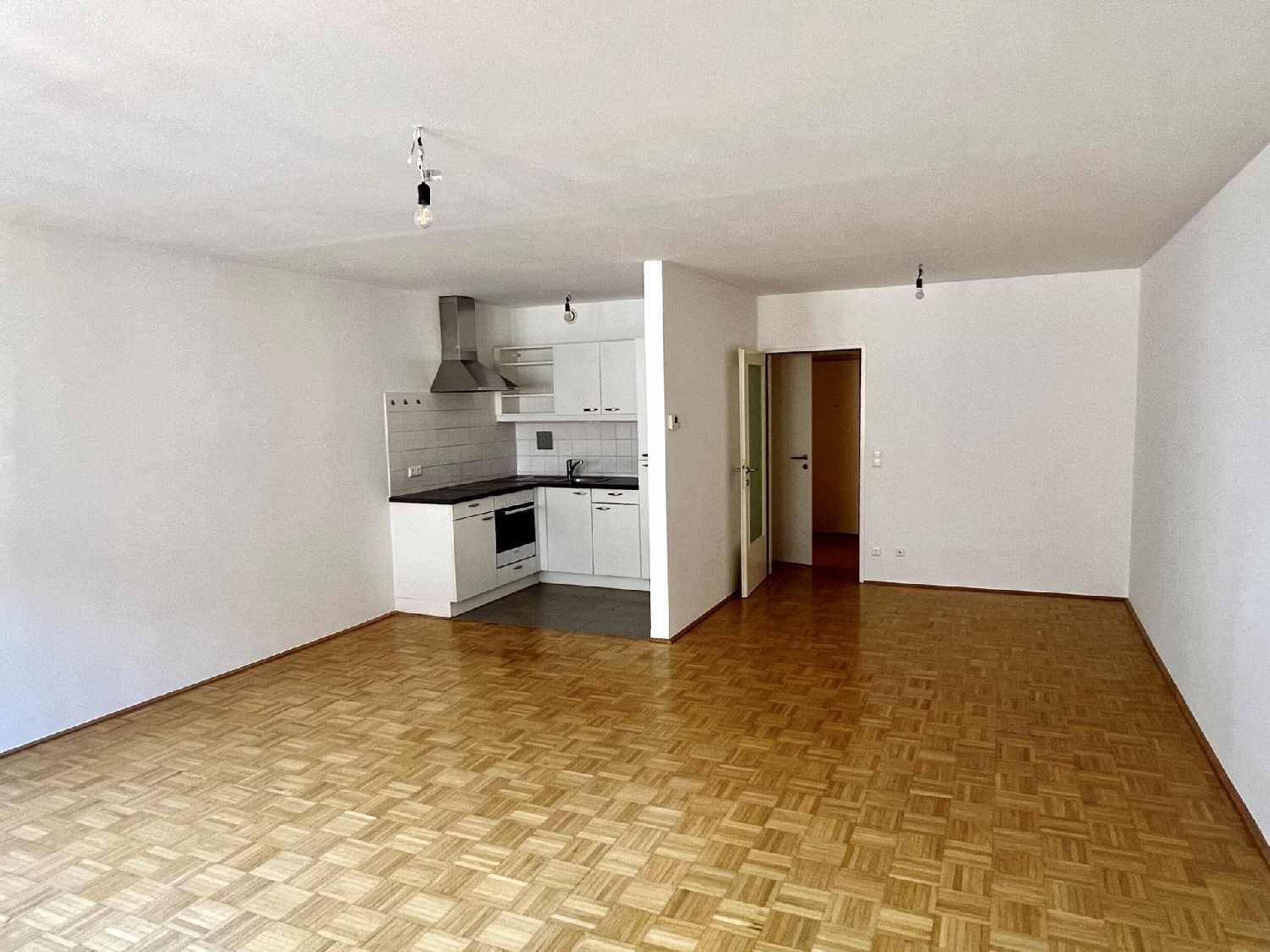 Heller Wohnbereich mit Parkettboden und integrierter Küchenzeile, ideal für offenes Wohnen.