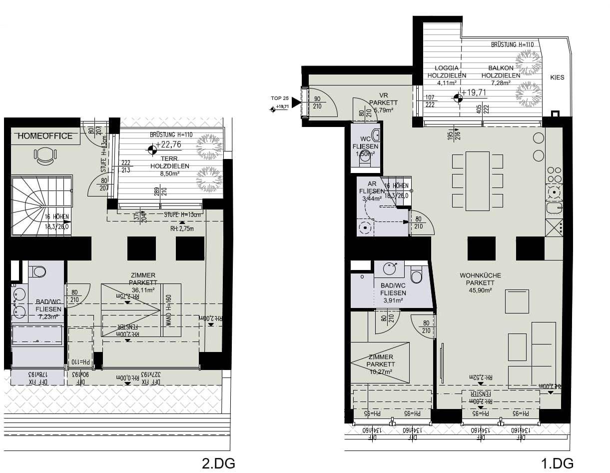 Grundrissplan zeigt zwei Ebenen mit Wohnküche, Schlafzimmern, Bädern und Dachterrassen.