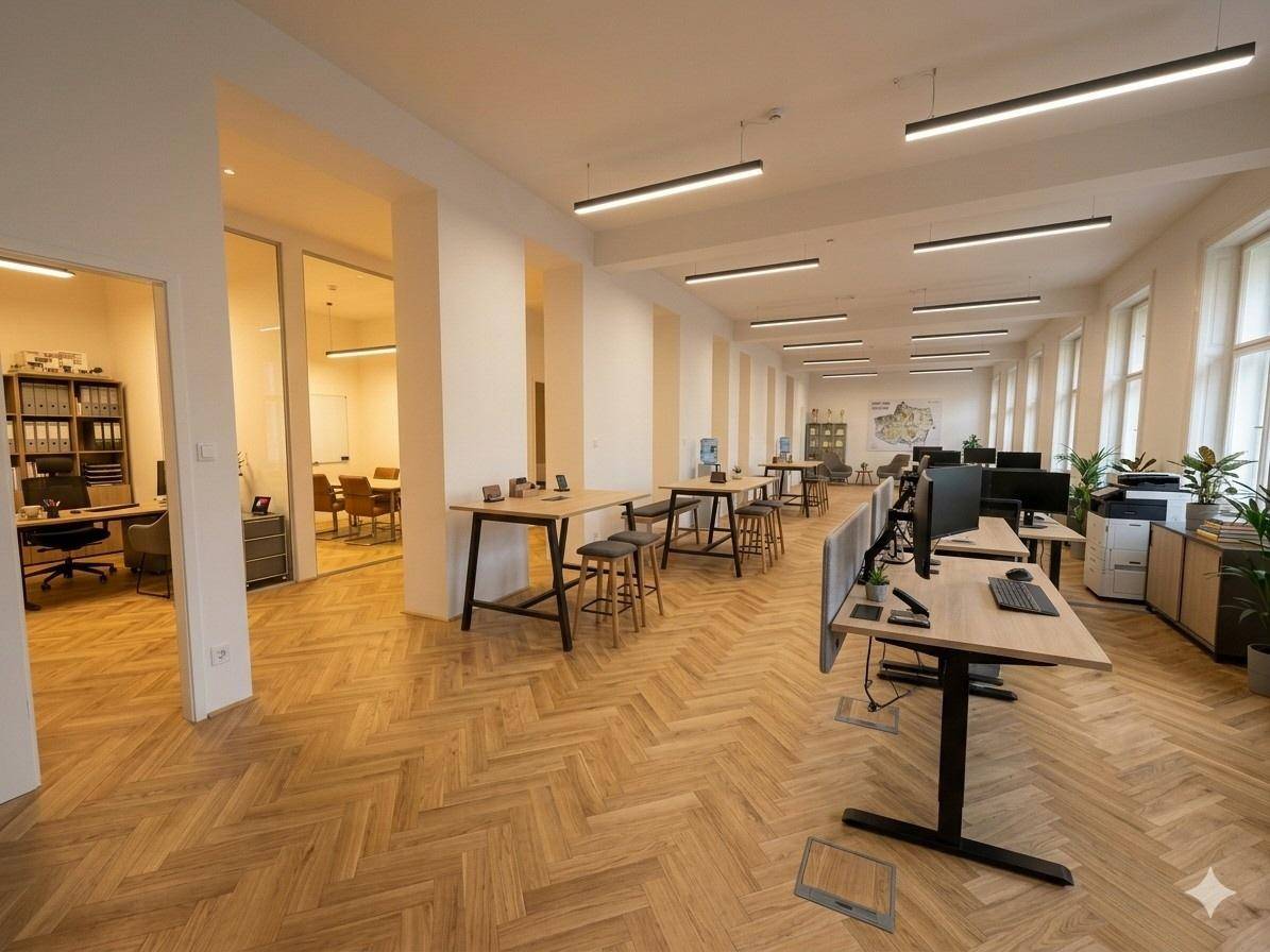 Helles, modernes Büro mit Holzparkett, mehreren Arbeitsplätzen und viel Tageslicht.