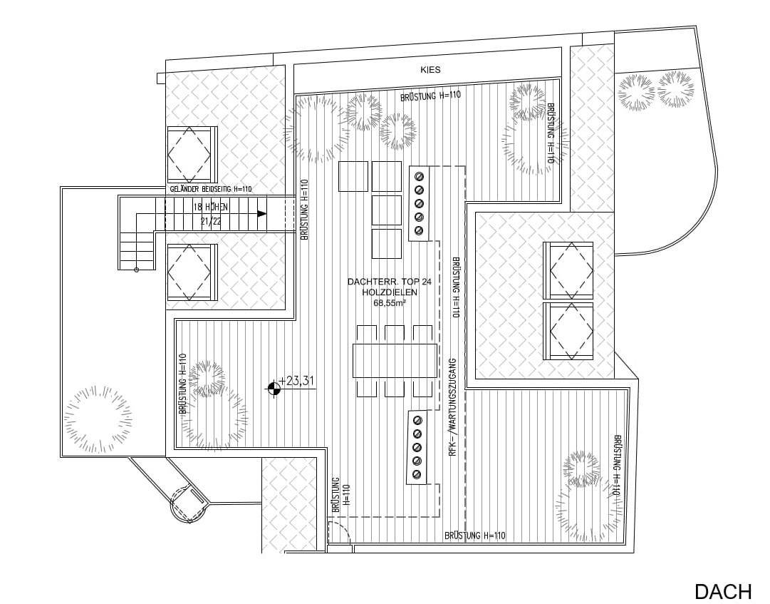 Grundriss einer Dachterrasse mit verschiedenen Sitzbereichen, Bepflanzung und Treppenzugang.