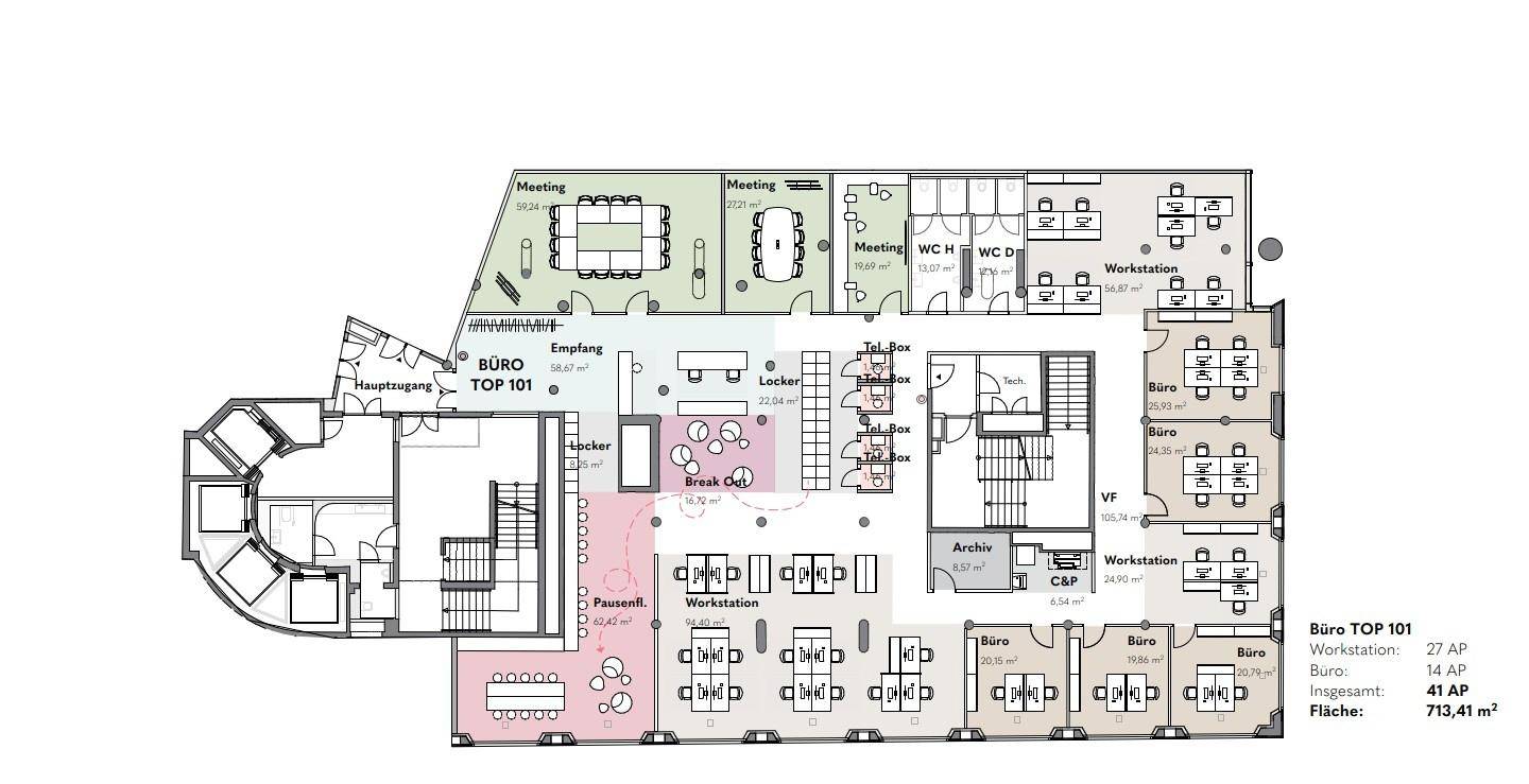 Detaillierter Büro-Grundriss mit Empfangsbereich, mehreren Besprechungsräumen und zahlreichen Workstations für effizientes Arbeiten.