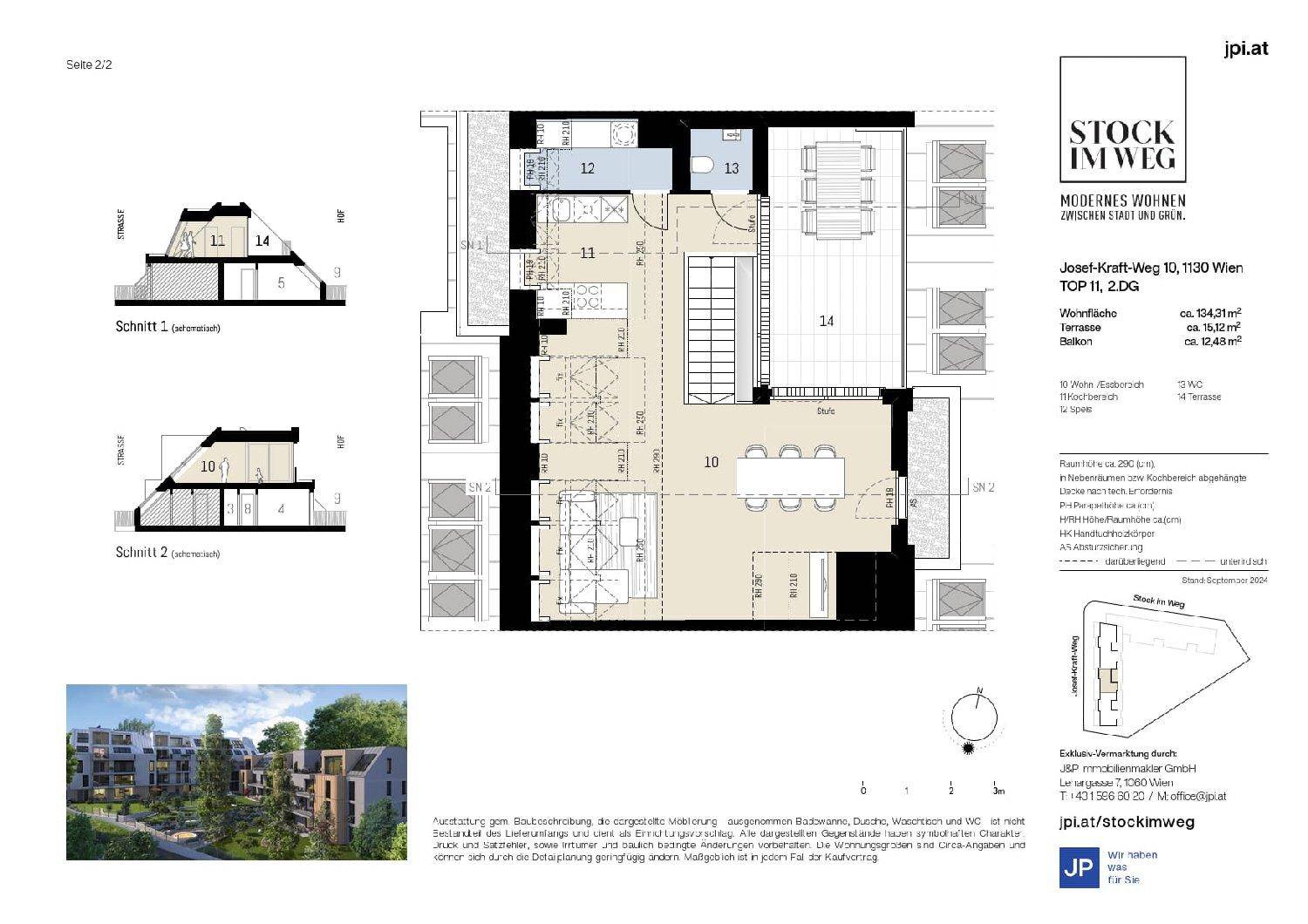 Grundrissplan einer Dachgeschosswohnung mit großer Terrasse und offenem Wohnbereich.