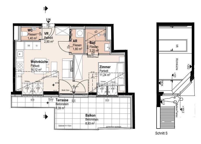Grundriss einer Wohnung mit Wohnküche, Schlafzimmer, Bad, separatem WC, Abstellraum sowie Terrasse und Balkon.