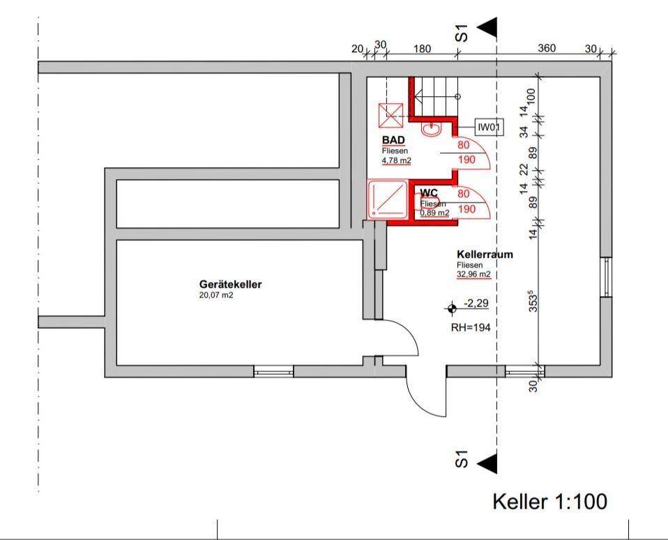 Grundriss des Kellers mit großem Kellerraum, Bad und separatem WC.