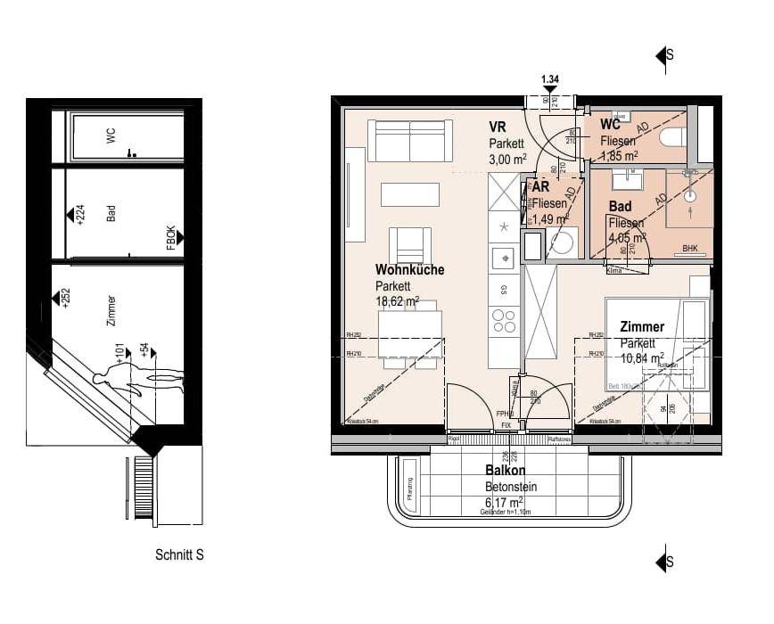 Detaillierter Grundriss einer Wohnung mit Wohnküche, Schlafzimmer, Bad und Balkon.