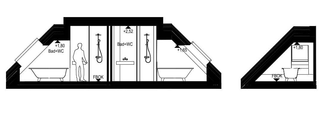 Schnittansicht eines Dachgeschossbades mit Badewannen und Dusche unter der charakteristischen Dachschräge.