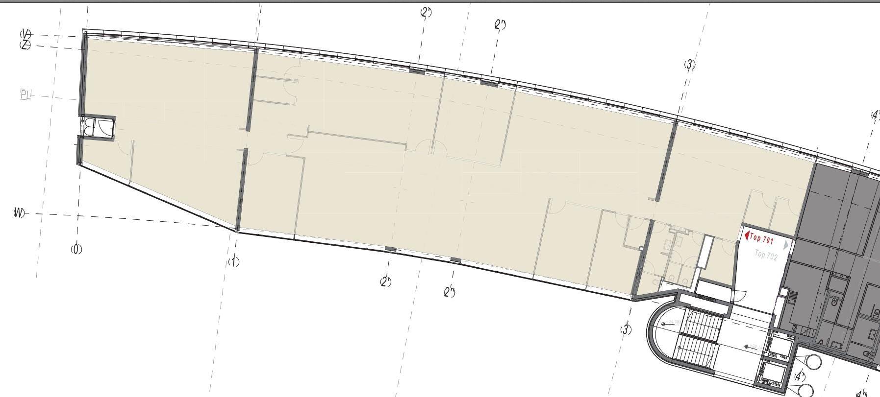 Grundriss einer Büroetage mit flexibler Raumaufteilung und langen Fensterfronten, ideal für Großraumbüros.