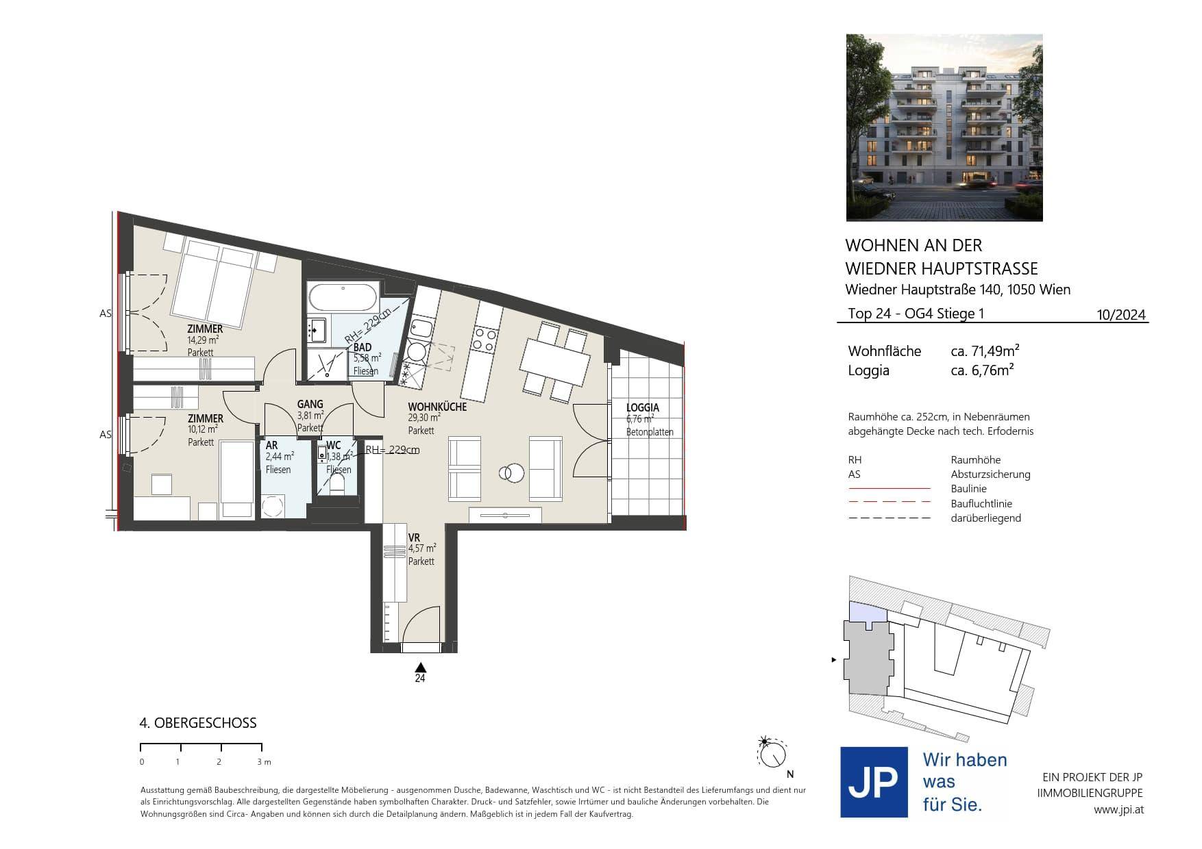Detaillierter Grundriss einer Wohnung mit Loggia und mehreren Zimmern im 4. Obergeschoss.