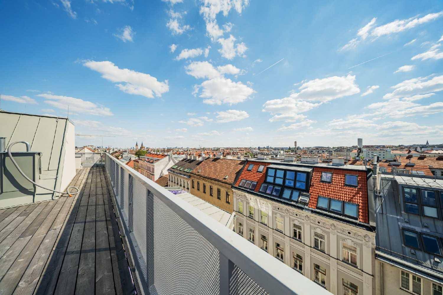 Lange Dachterrasse mit Holzboden und weitem Blick über die Dächer der Stadt.