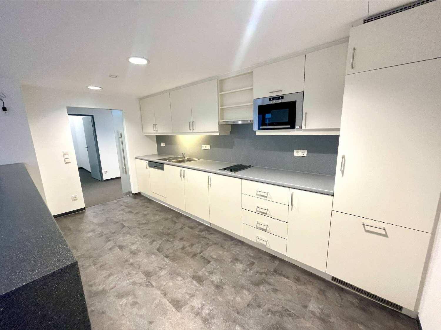 Moderne Einbauküche mit weißen Schränken, integrierten Geräten und dunklem Vinylboden.