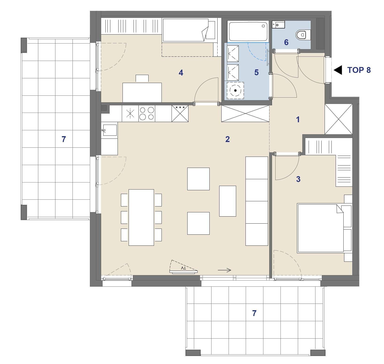 Grundriss einer Wohnung mit offenem Wohnbereich, zwei Schlafzimmern und zwei Balkonen.