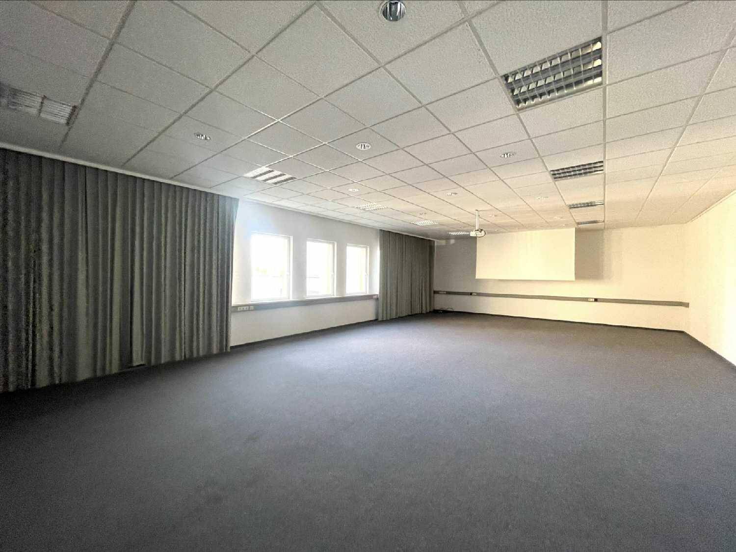 Geräumiger Konferenzraum mit dunklem Teppichboden, Vorhängen und natürlichem Lichteinfall.