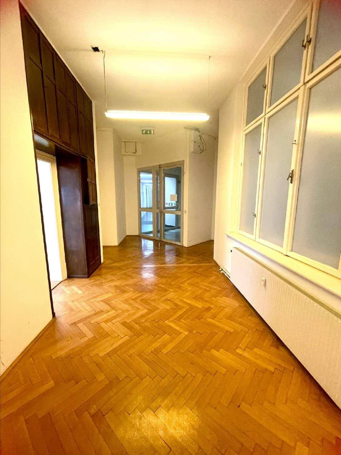 Langer Flur mit Fischgrätparkett, dunkler Holzverkleidung und Fenstern mit Milchglas, führt zu Glastüren.