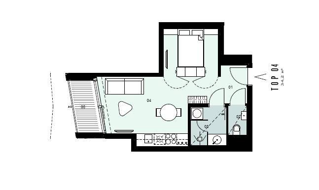 Grundriss einer Wohnung mit Schlafzimmer, offenem Wohnbereich und Balkon auf 34,2 m².