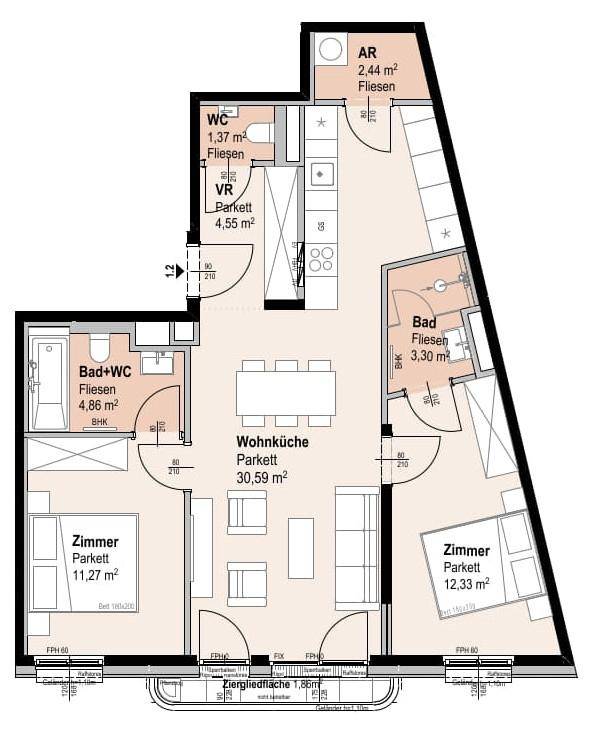 Dieser Grundriss zeigt eine Wohnung mit offenem Wohn-Essbereich, zwei Bädern, separatem WC und einem Balkon.