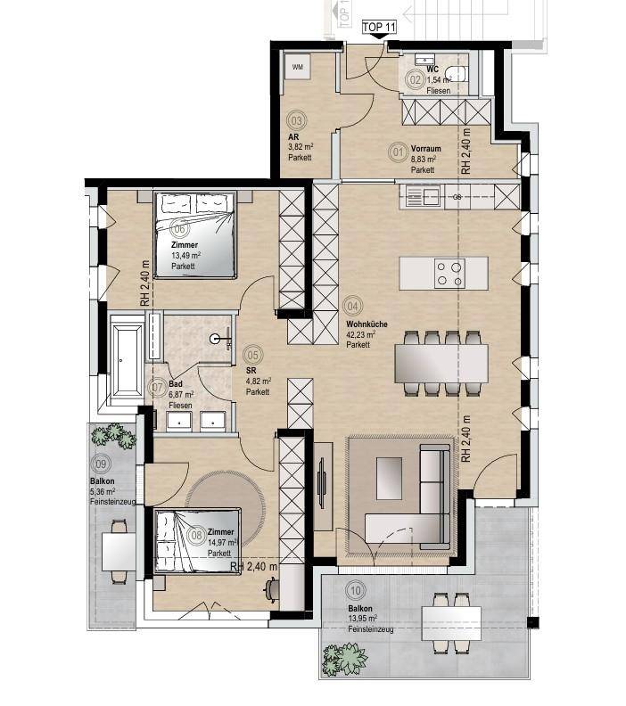 Detaillierter Grundriss einer Wohnung mit zwei Balkonen und offenem Wohnküchenbereich.
