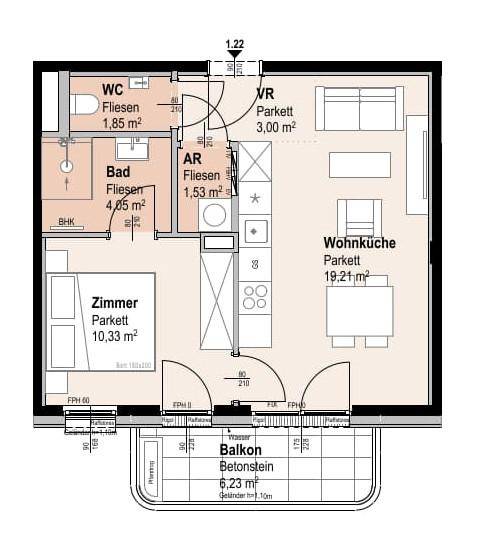 Grundriss einer Wohnung mit offener Wohnküche, Schlafzimmer, Bad, separatem WC und Balkon.