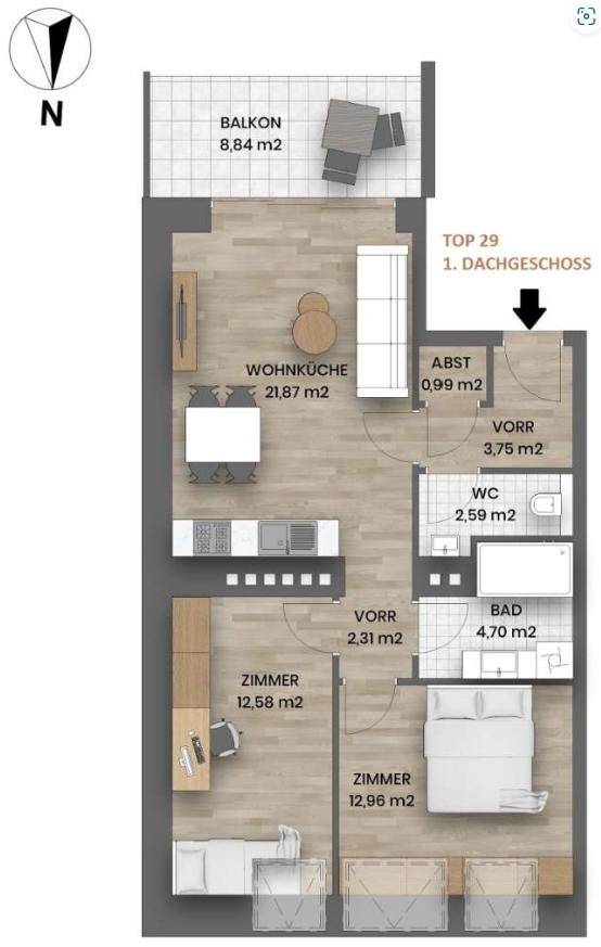 Grundriss der Wohnung Top 29 im Dachgeschoss mit offenem Wohnbereich, Balkon und zwei Bädern.